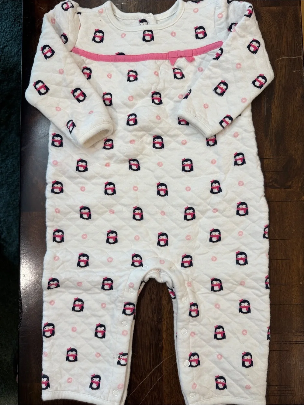 Gymboree White Quilted One Piece Loungewear with Pink & Navy Penguin Print